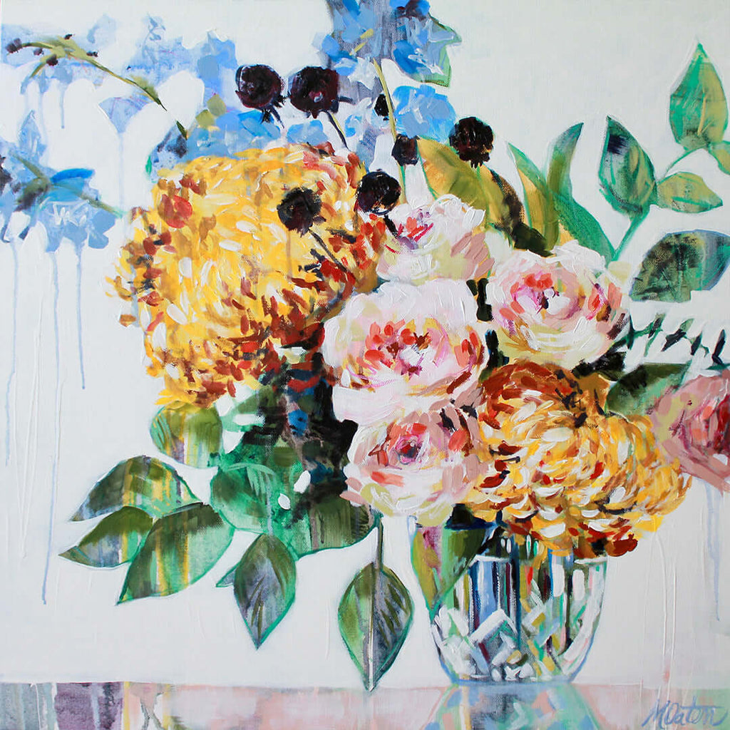 

Cut Crystal by Mindi Oaten, showing pink, yellow and blue flowers in a cut-glass vase.