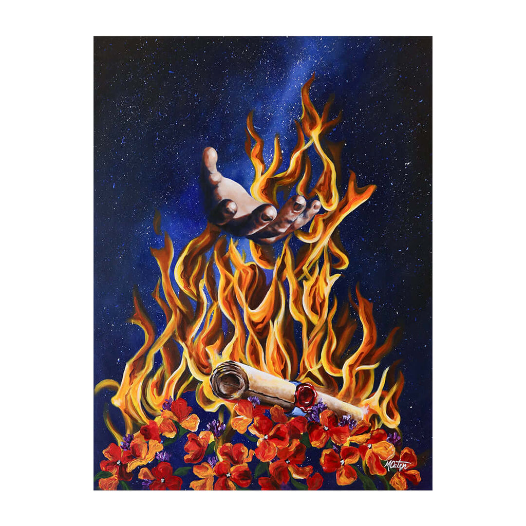 Daniel Bible art by Mindi Oaten depicting In the Fire with Us, inspired by the book of Daniel.
