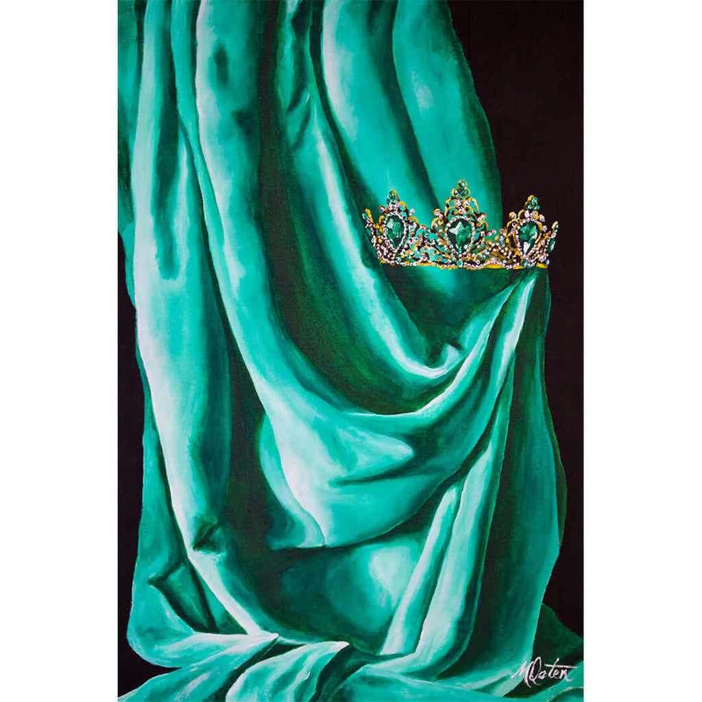 

Emerald Mantle by Mindi Oaten, showing a golden crown against flowing emerald fabric.