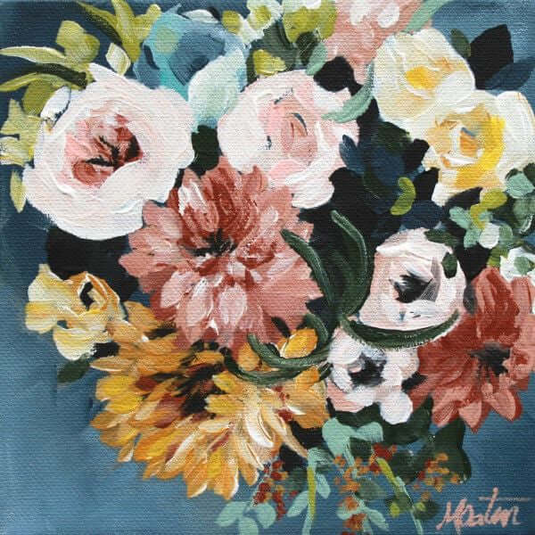 

Give Thanks by Mindi Oaten, showing pink, cream and yellow flowers against dark green foliage.