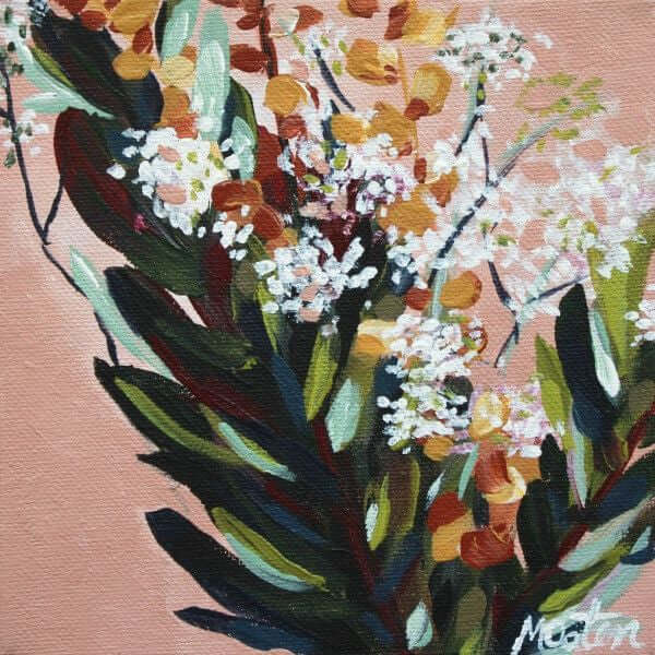 

Fall Wildflowers by Mindi Oaten, showing small white flowers and dark green leaves against peach brushwork.