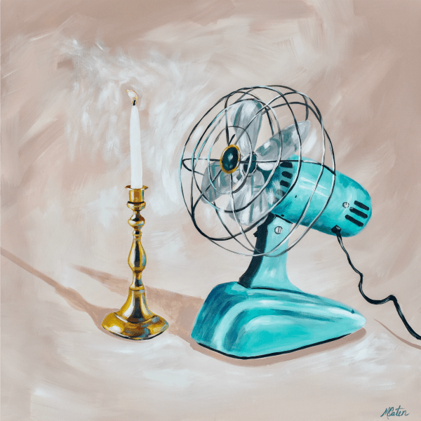 

Fan the Flame by Mindi Oaten, showing a turquoise electric fan beside a candle in a brass holder.
