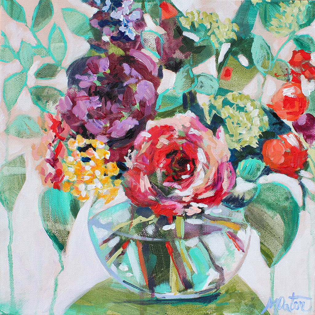 

Fresh Cut by Mindi Oaten, showing red, pink and purple flowers in a rounded glass vase.