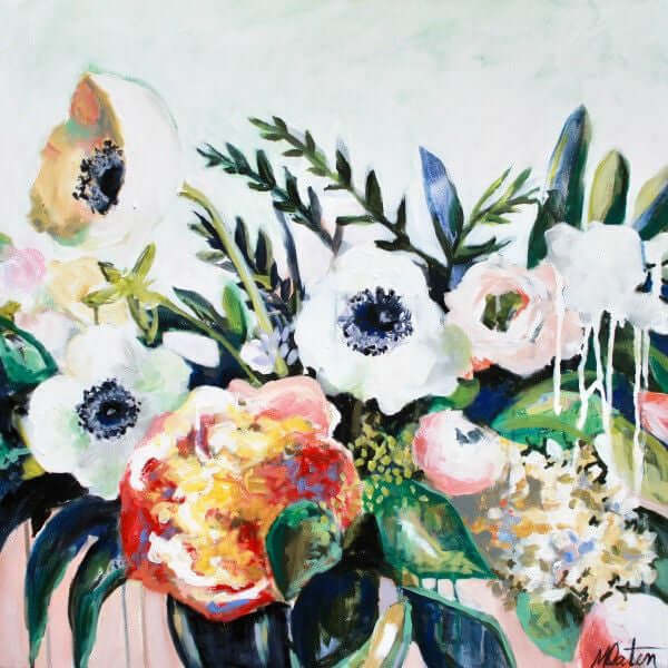 

Fresh Start by Mindi Oaten, showing white, pink and orange flowers with a butterfly above the bouquet.