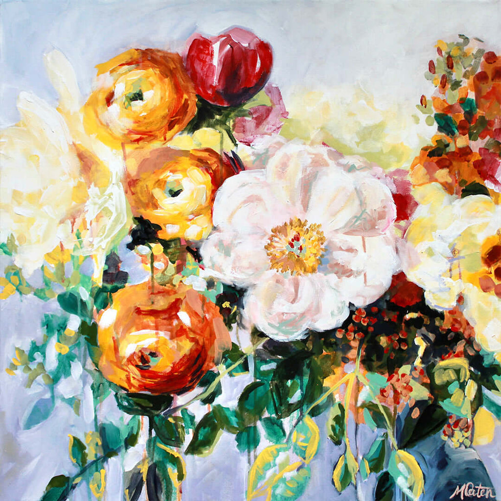 

Garden Glow by Mindi Oaten, showing yellow, pink and white flowers with small orange fruit and green leaves.