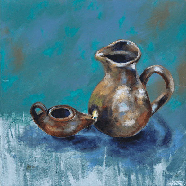 

Get Ready by Mindi Oaten, showing a clay pitcher beside a small oil lamp against blue.
