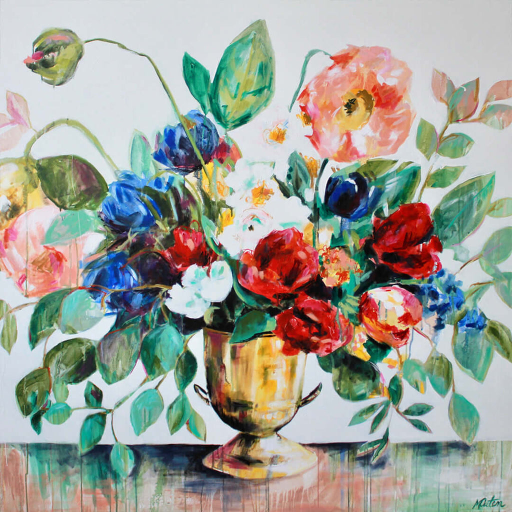 

Glorious by Mindi Oaten, showing a colorful floral arrangement in a golden vase.