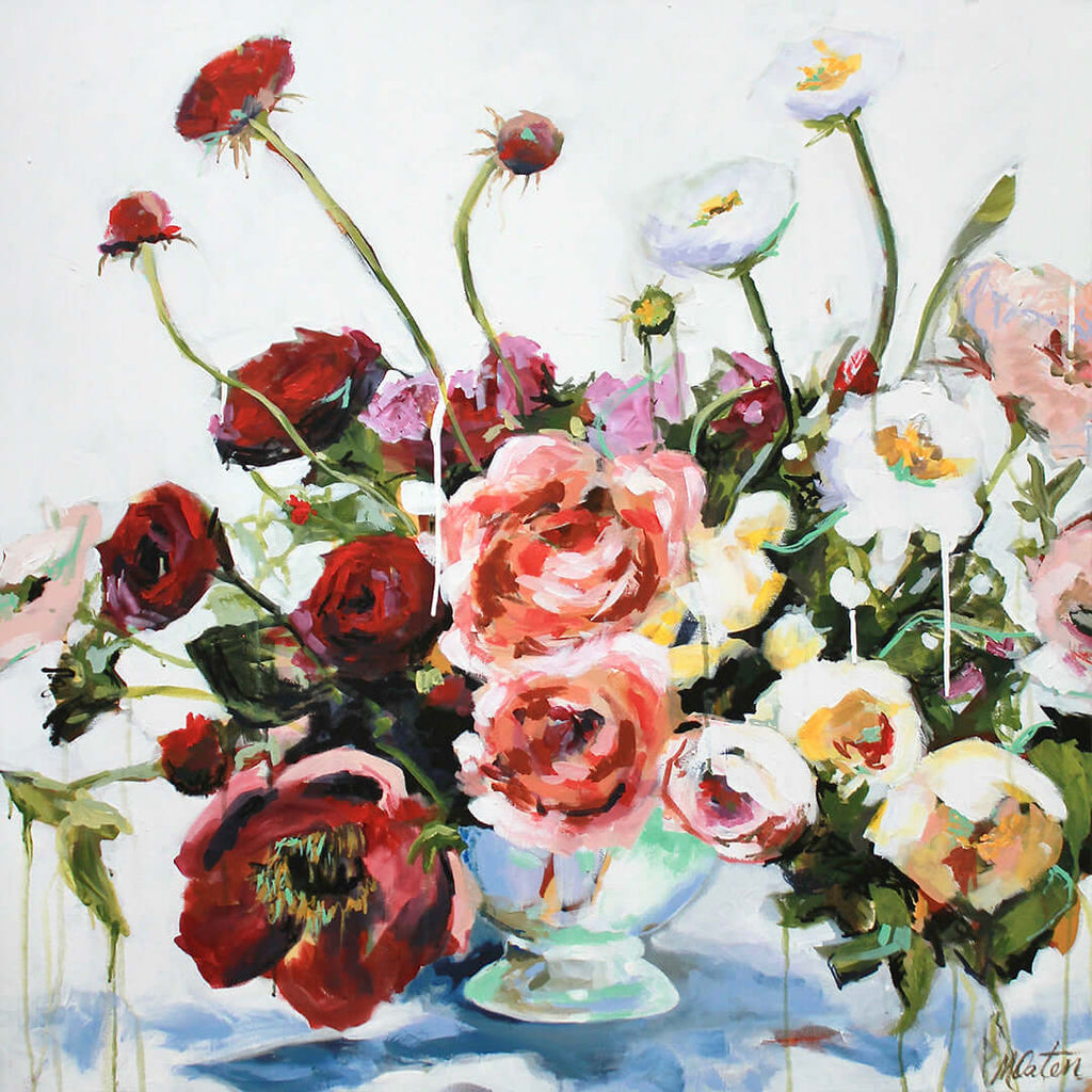 

Grace Unfolding by Mindi Oaten, showing pink, red and white flowers in a pale vase.