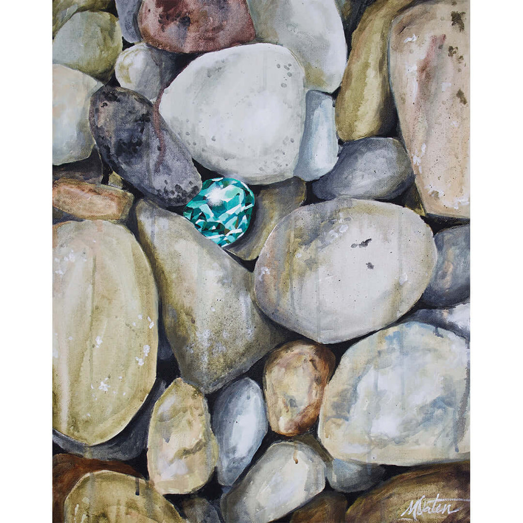 

Hidden Gem by Mindi Oaten, showing a turquoise gemstone nestled among smooth gray and cream stones.