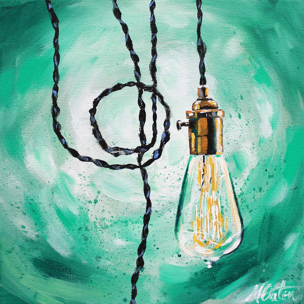 

Illuminate 2 by Mindi Oaten, showing a hanging light bulb and looped dark cord against turquoise brushwork.