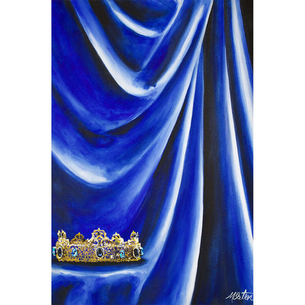 

Indigo Mantle by Mindi Oaten, showing a golden crown beneath folds of deep indigo fabric.