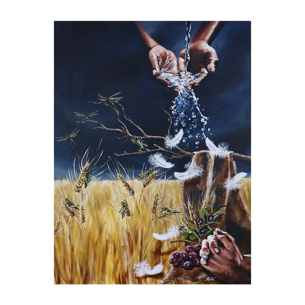 Joel Bible art by Mindi Oaten depicting Pours out His Spirit, inspired by the book of Joel.