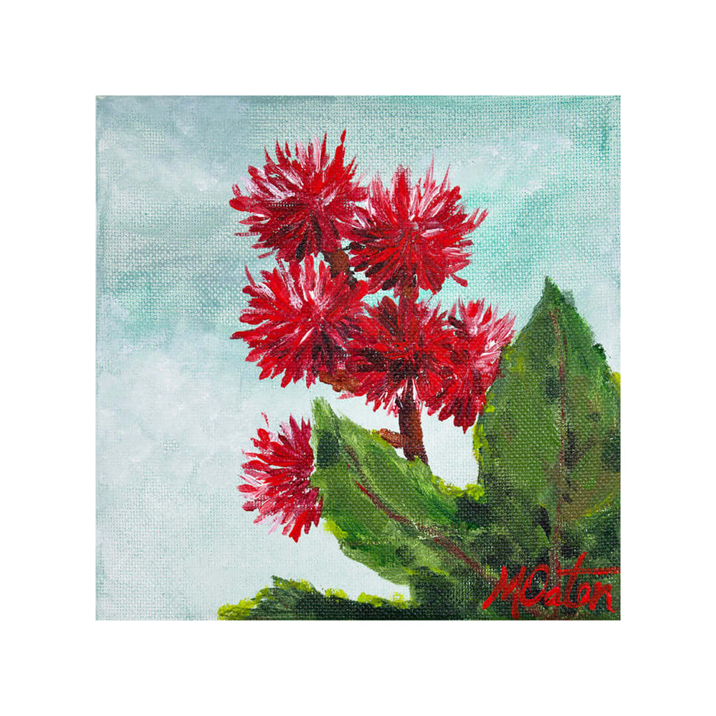 Jonah fine art print featuring vibrant red flowers against a soft blue background by M. Caton.