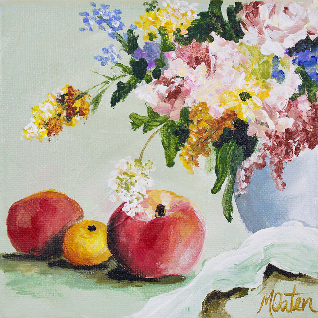 

Just Peachy by Mindi Oaten, showing peaches and a mixed bouquet of soft pink, purple and yellow flowers.