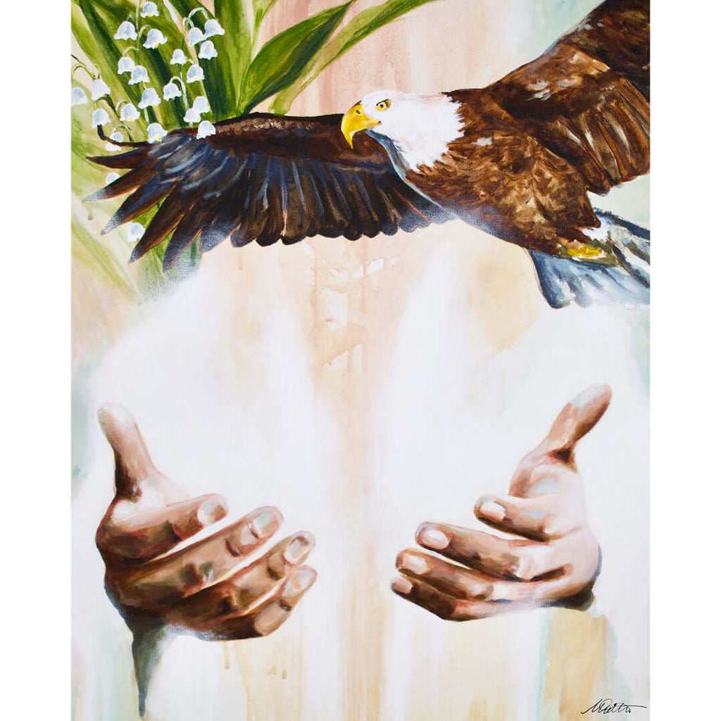 

Lifted by the Spirit by Mindi Oaten, showing an eagle with outspread wings above open hands.