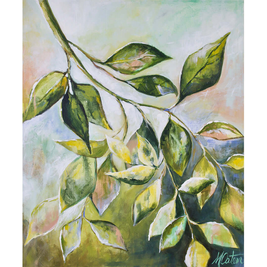 

Nature Sings by Mindi Oaten, showing a leafy green branch against golden and blue brushwork.