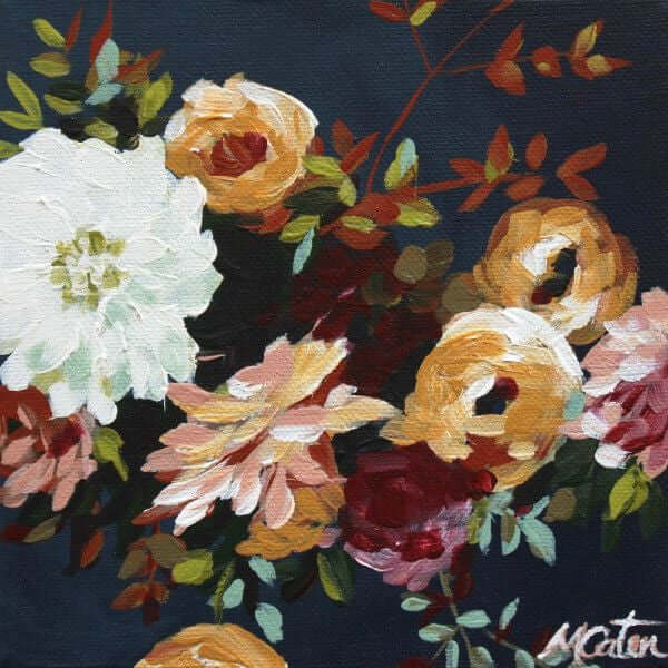 

Autumn Romance by Mindi Oaten, showing white, cream and rust-colored flowers against dark foliage.