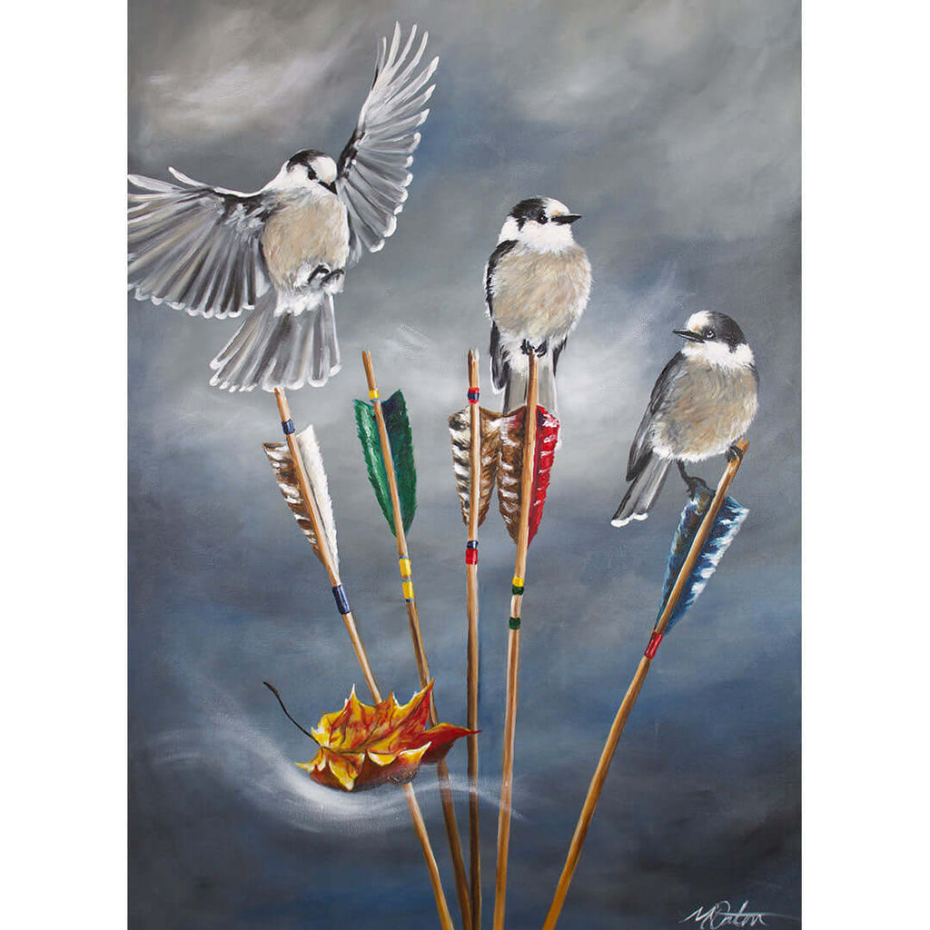 

On Guard by Mindi Oaten, showing three small birds perched on upright arrows with autumn leaves below.