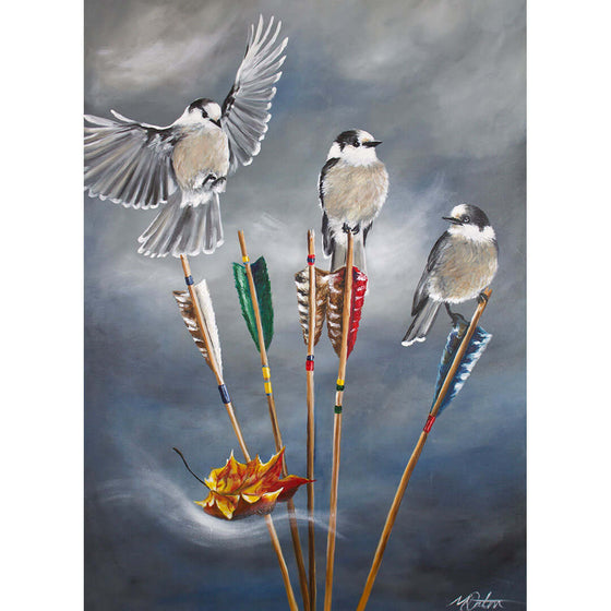 

On Guard by Mindi Oaten, showing three small birds perched on upright arrows with autumn leaves below.