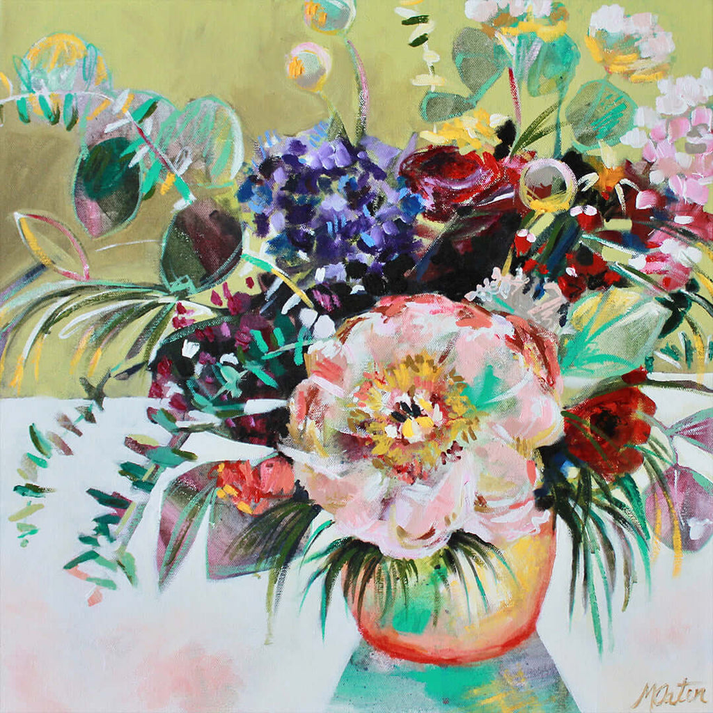 

Dinner Party at Dusk by Mindi Oaten, showing a lush floral bouquet in a rounded copper-colored vase.