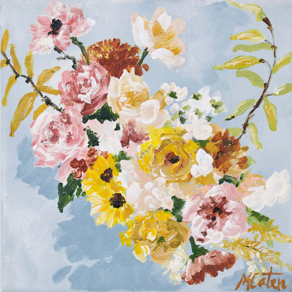 

Pastel Delight by Mindi Oaten, showing soft pink, yellow and white flowers with green stems against pale blue.