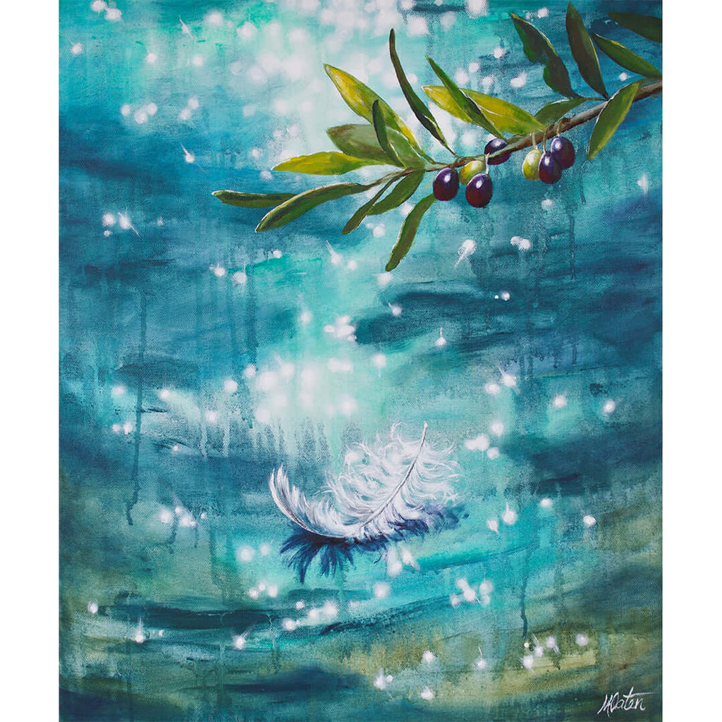 

Peace I Give You by Mindi Oaten, showing an olive branch above shimmering blue water and a pale floating flower.