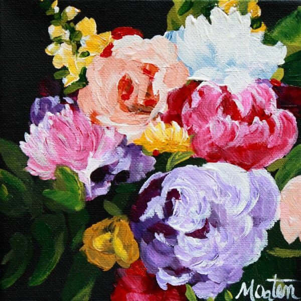 

Pop of Colour by Mindi Oaten, showing a close arrangement of colorful pink, purple, white and yellow flowers.