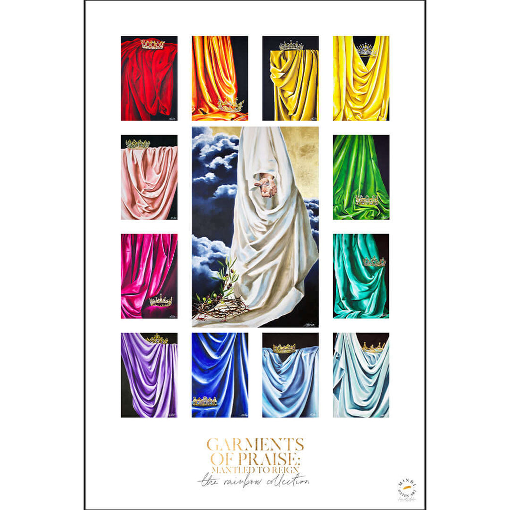

A poster grid of colorful drapery artworks from Garments of Praise.
