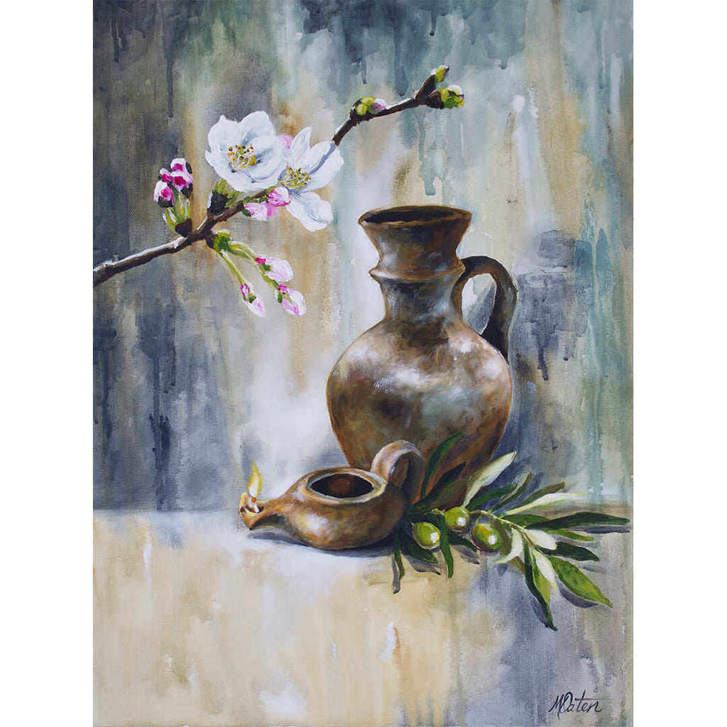 

Ready and Awake by Mindi Oaten, showing a clay pitcher and oil lamp beneath a flowering branch, with olives nearby.