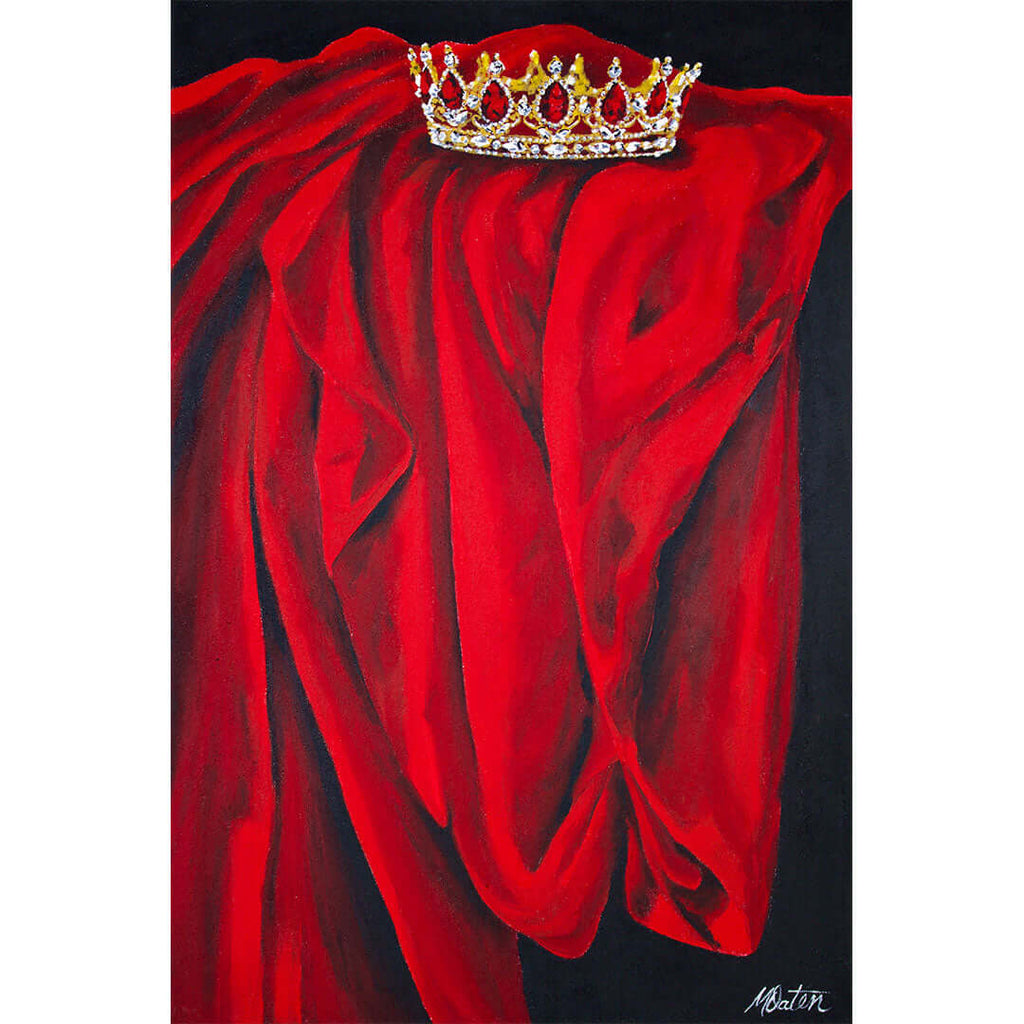 

Red Mantle by Mindi Oaten, showing a golden crown above folds of red fabric.