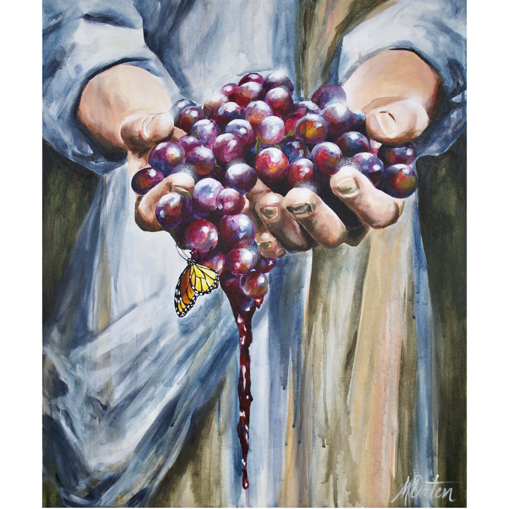 

Remain in Me by Mindi Oaten, showing the hands of Jesus holding a cluster of purple grapes, with a monarch butterfly.