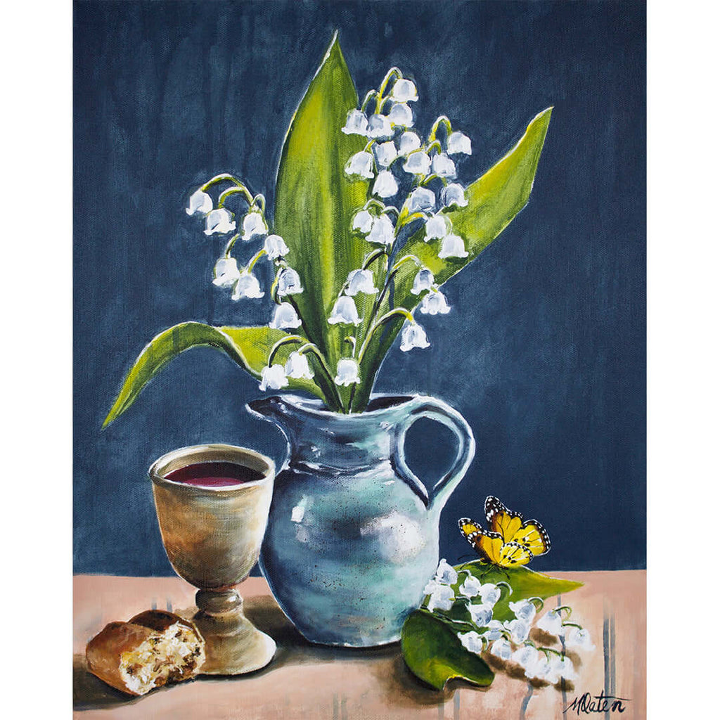 

Remember by Mindi Oaten, showing white lily-of-the-valley flowers in a blue pitcher beside bread and a communion cup.