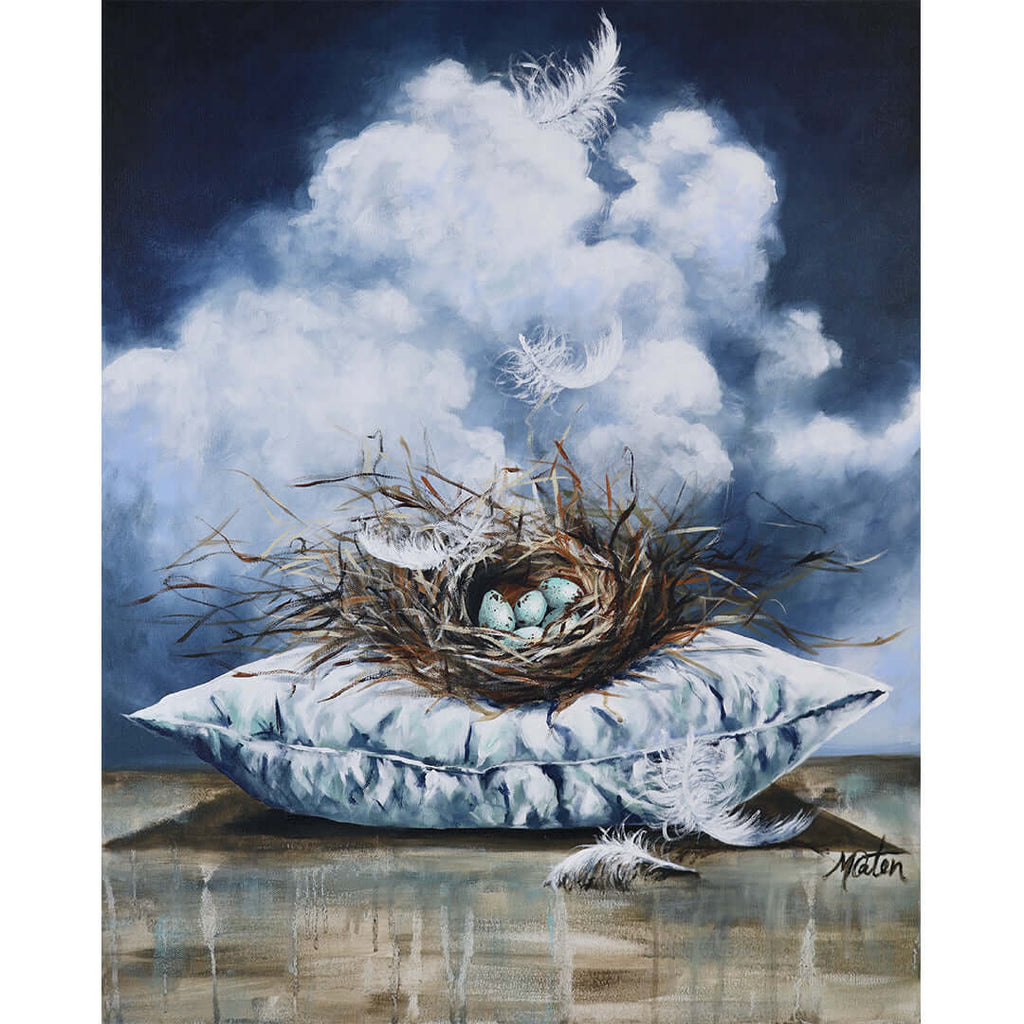

Rest in the Promise by Mindi Oaten, showing a nest with eggs resting on white cushions beneath clouds and a dove.