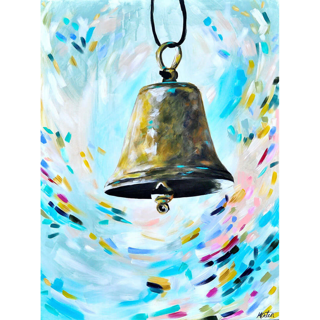 

Ring in the New by Mindi Oaten, showing a hanging brass bell surrounded by colorful swirling brushwork.