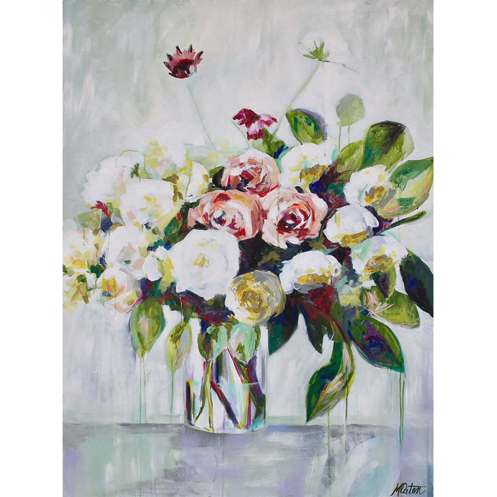 

Rose of Versailles by Mindi Oaten, showing white and pale pink roses in a clear glass vase.