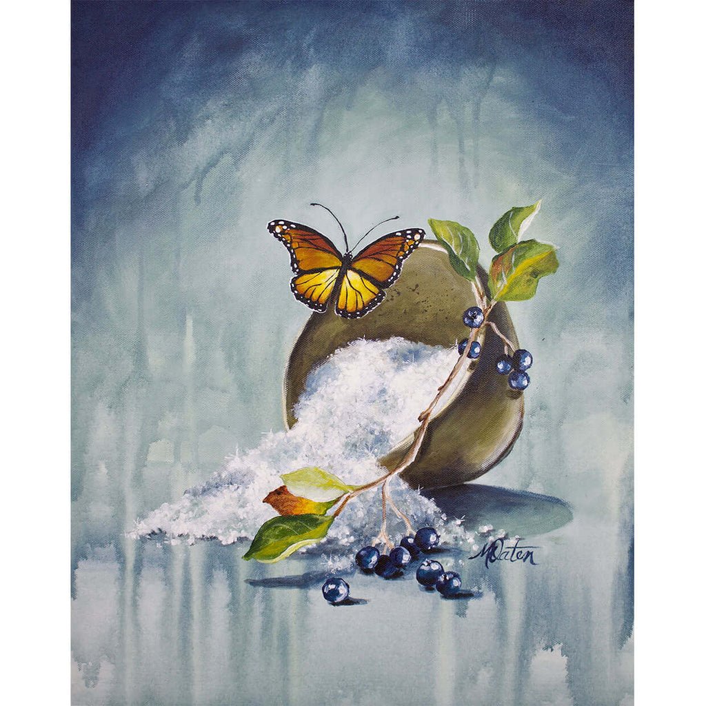 

Salt of the Earth by Mindi Oaten, showing a tipped vessel spilling white salt, with a monarch butterfly and small dark berries.