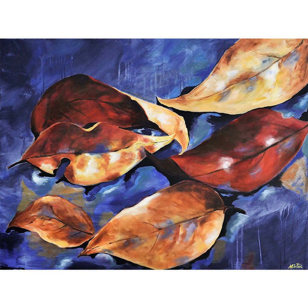 

Seasons Change by Mindi Oaten, showing brown and orange autumn leaves against blue.