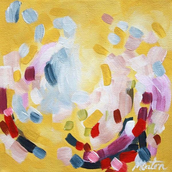 

Spicy Yellow Sway by Mindi Oaten, showing curving pink, white and blue abstract brushstrokes against yellow.