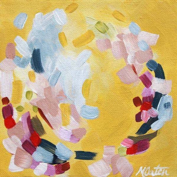 

Spicy Yellow Dance by Mindi Oaten, showing curving pink, white and blue abstract brushstrokes against yellow.