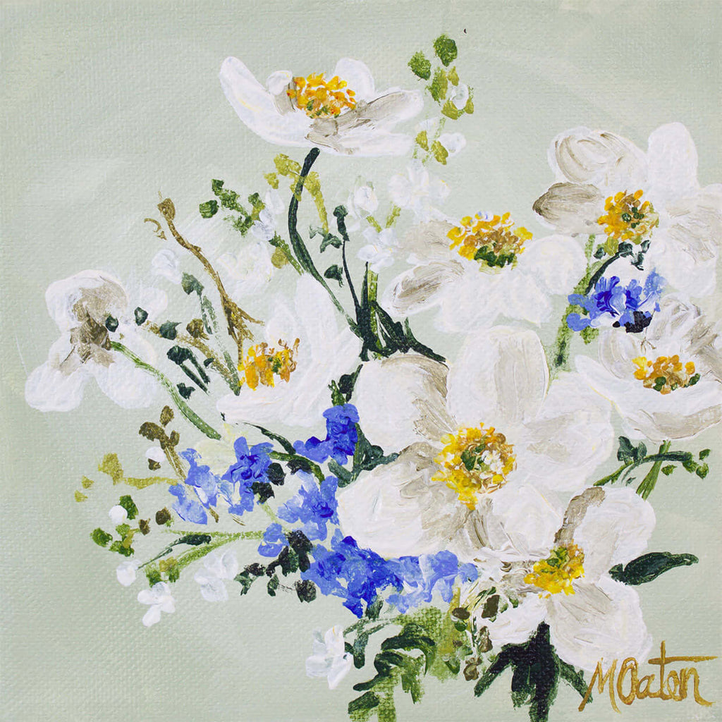 

Spring Dream by Mindi Oaten, showing white flowers and small blue blossoms arranged with green leaves.