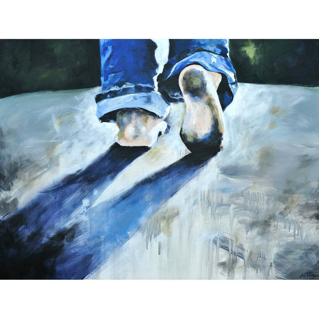 

Step Out by Mindi Oaten, showing a foot stepping out of a boat onto pale blue water.
