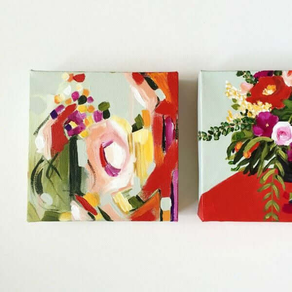 

Feel the Heat by Mindi Oaten: two coordinated floral and abstract paintings shown side by side.