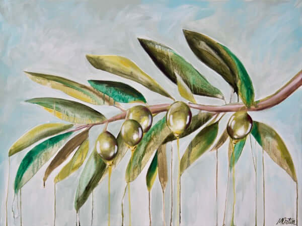

The Anointing by Mindi Oaten, showing an olive branch with pale green olives on a soft background.