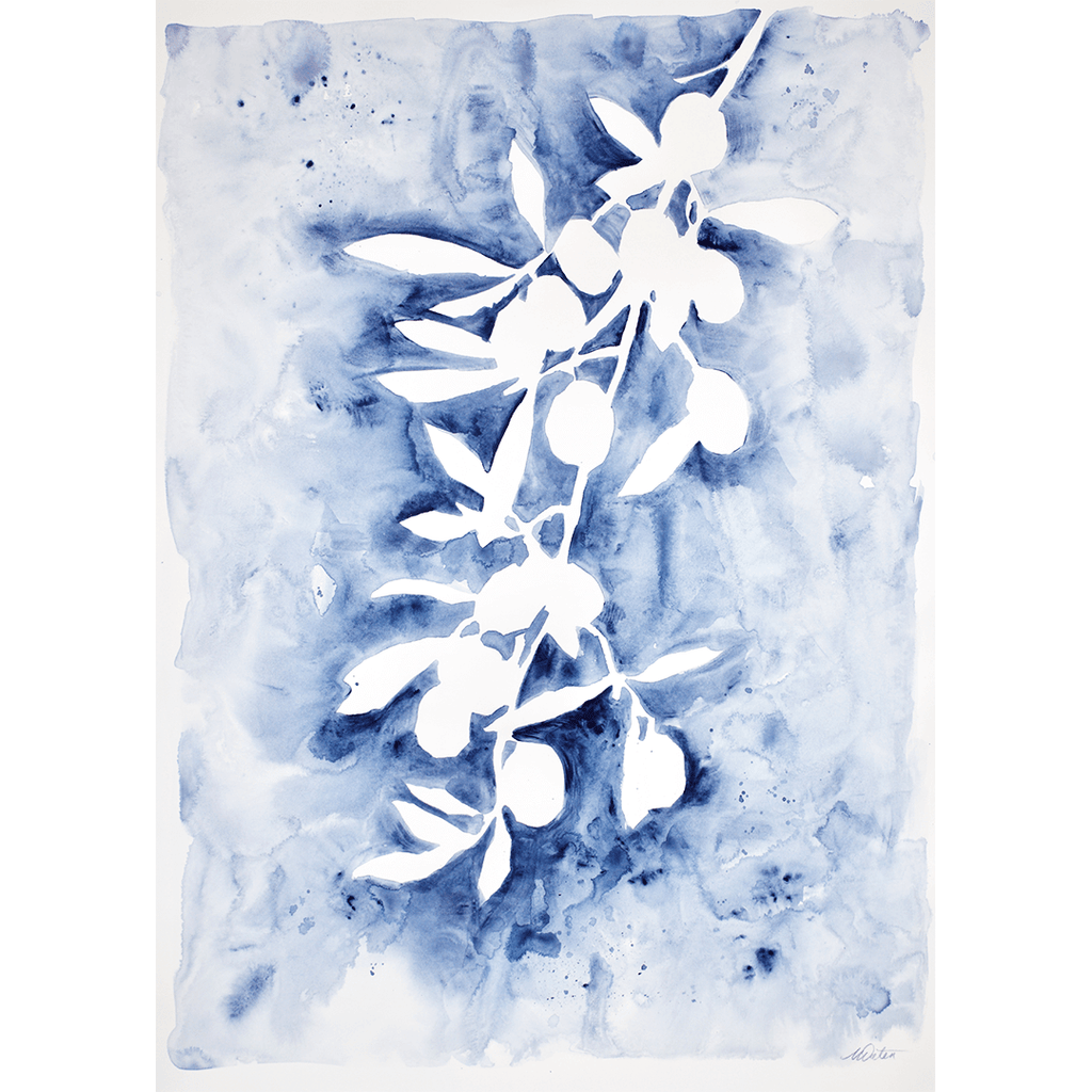 

The Anointing by Mindi Oaten, showing a white botanical branch silhouette against blue watercolor washes.