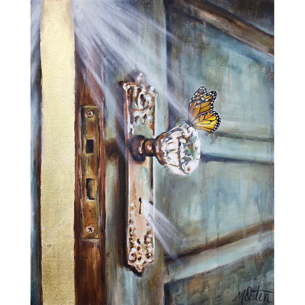 

Knock on the Door by Mindi Oaten, showing a hand knocking on a weathered wooden door beside an ornate handle and butterfly.