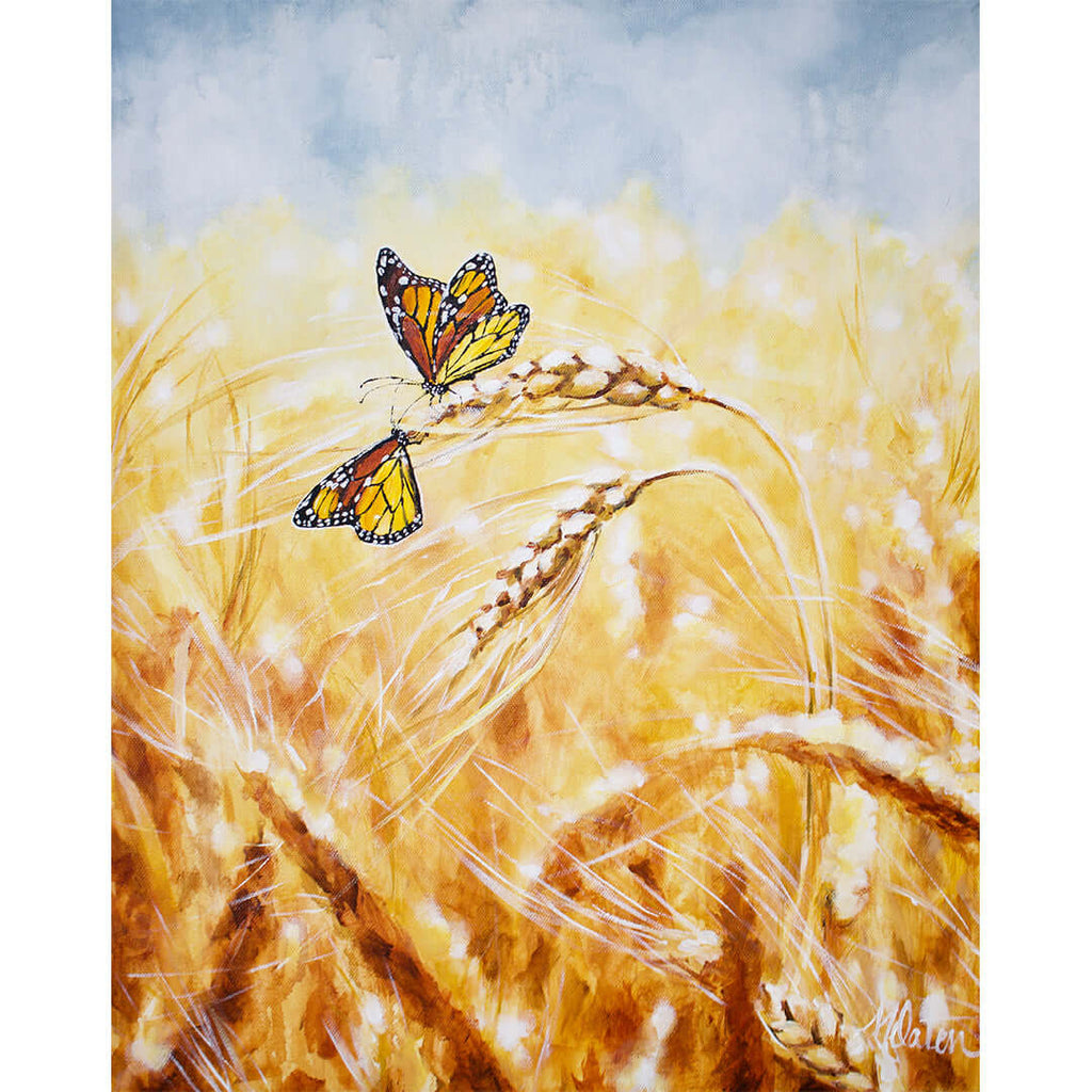 

The Harvest by Mindi Oaten, showing monarch butterflies resting on golden wheat.