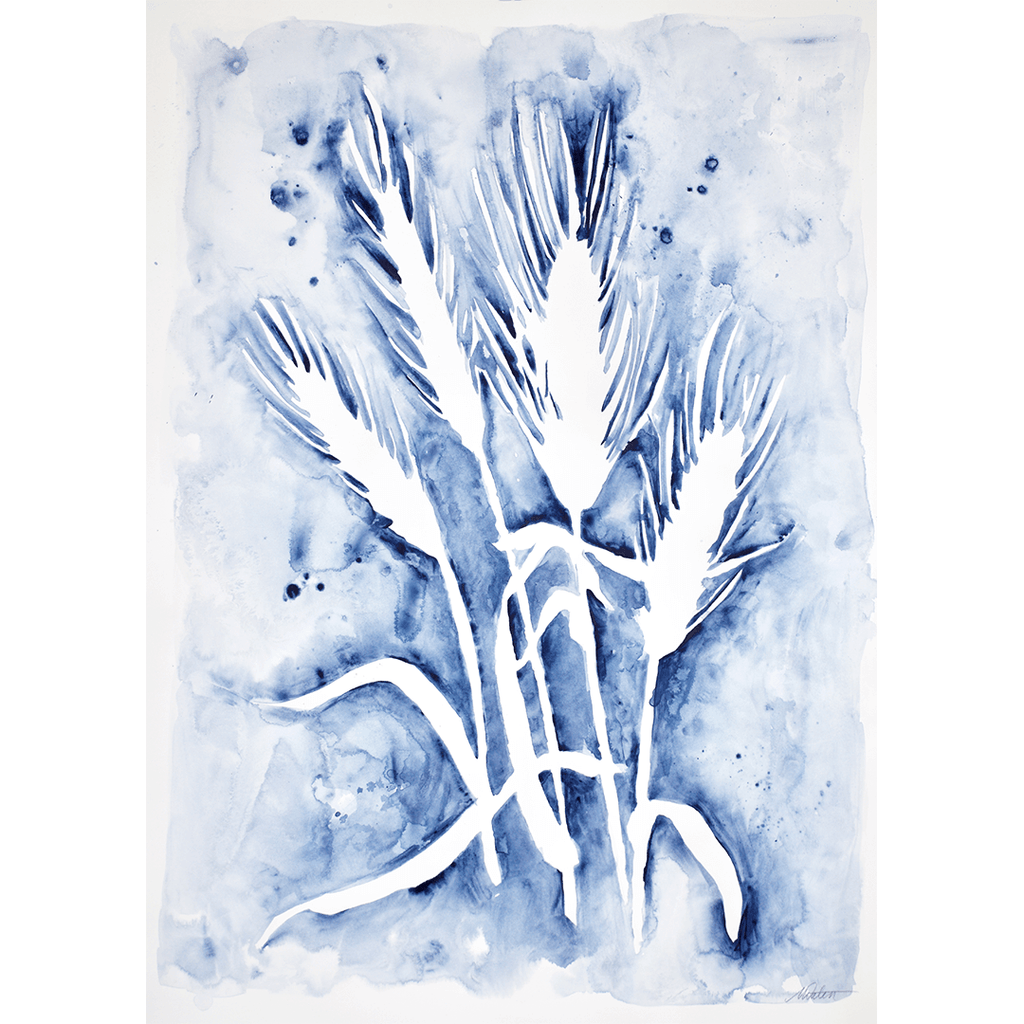 

The Harvest by Mindi Oaten, showing white wheat silhouettes against blue watercolor washes.