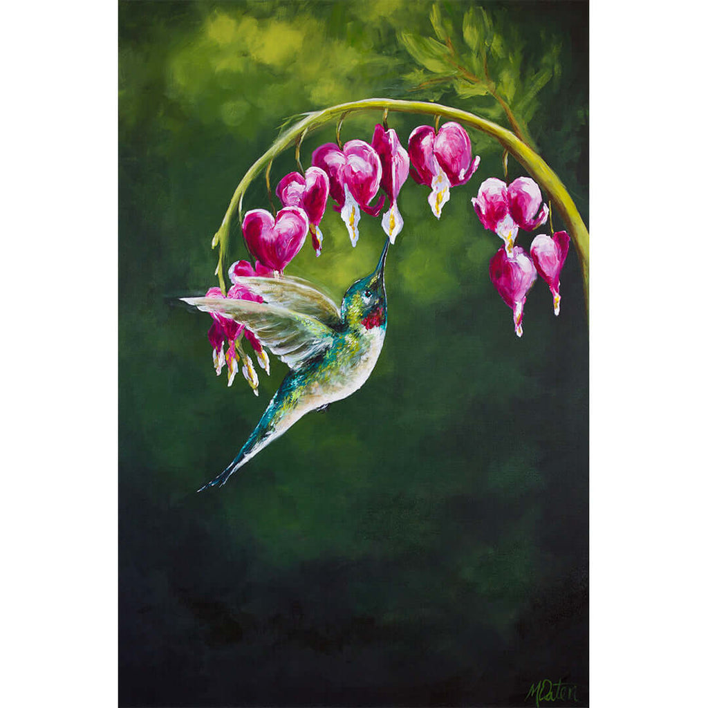 

The Hummingbird Pause, Selah by Mindi Oaten, showing a hummingbird hovering beside pink bleeding-heart flowers against dark green.