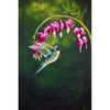 

The Hummingbird Pause, Selah by Mindi Oaten, showing a hummingbird hovering beside pink bleeding-heart flowers against dark green.