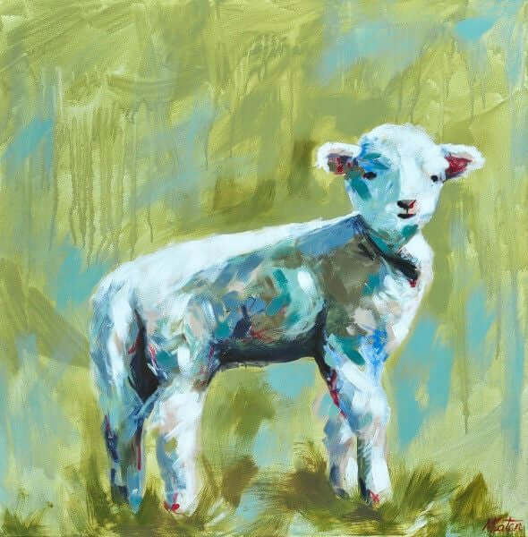

The Lamb by Mindi Oaten, showing a small white lamb standing against yellow-green brushwork.